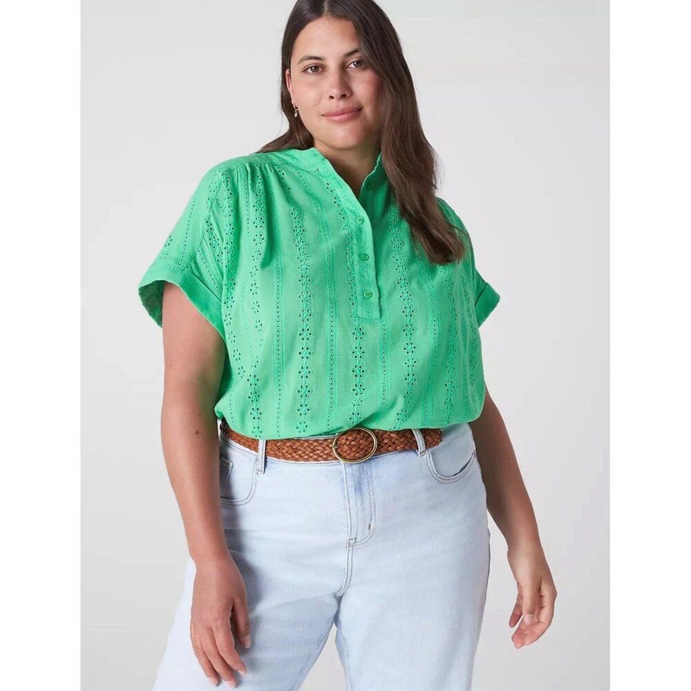 Lane Bryant Womens Plus Size 16 Short Sleeve Plaid Eyelet Popover Blouse 2594